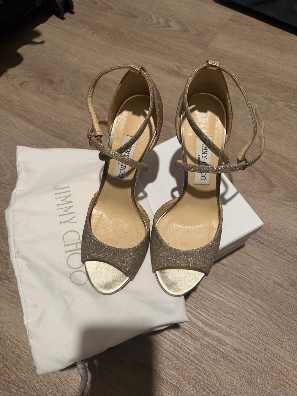 Jimmy Choo Champagne Gold Glitter Ankle-Strap Heels